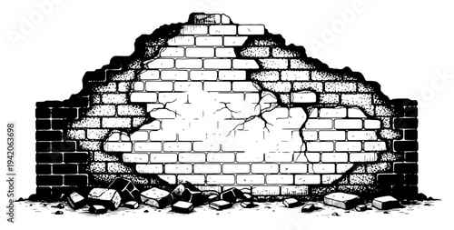 Old ruined brick wall with crumbling edges and fallen debris in hand drawn engraving style
