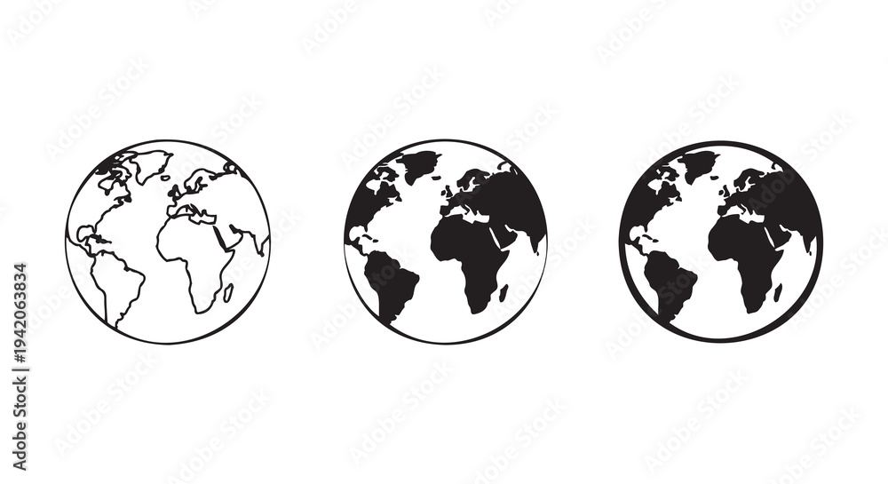 Obraz premium Three black and white earth globes vector illustration, flat design