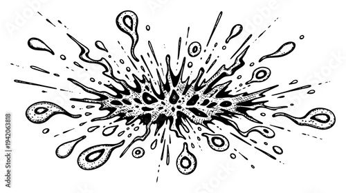 Dynamic hand drawn ink splash illustration with liquid droplets and energy burst