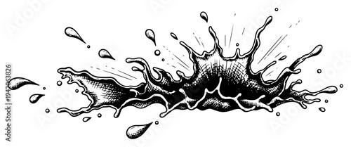 Detailed sketchy illustration of a liquid splash with droplets and hatching textures
