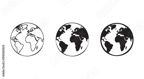 Three black and white earth globes vector illustration, flat design