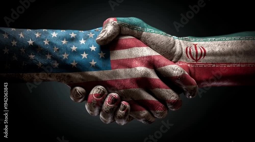 Two hands shake, one painted with the American flag and the other with the Iranian flag. The scene symbolizes international relations and geopolitical tension.