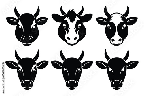 set of cow head silhouette line art vector illustration with a white background