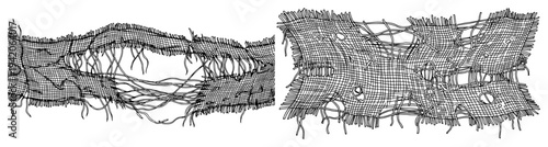 Set of torn burlap fabric patches with frayed edges in detailed vector style