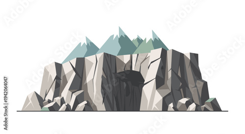 A stylized illustration depicts a rugged grey mountain range with sharp, angular peaks and a dark cave entrance at its base, standing isolated against a clean white background.
