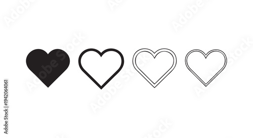 Set of four heart shapes in black and white vector illustration, flat design