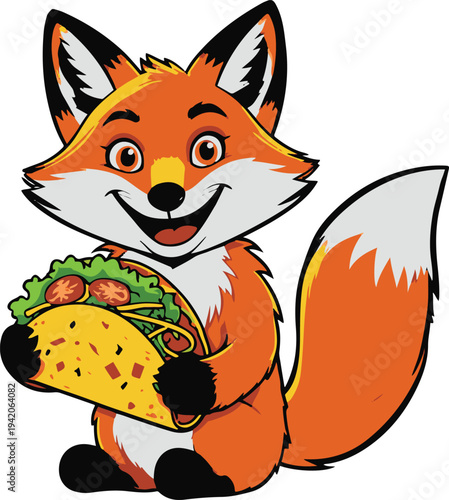 Fox holding taco street food happily, cartoon vector mascot, bold thick black outline, sticker style, white background 2