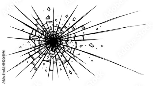 Broken glass window with bullet hole impact and radial cracks in hand drawn sketch style