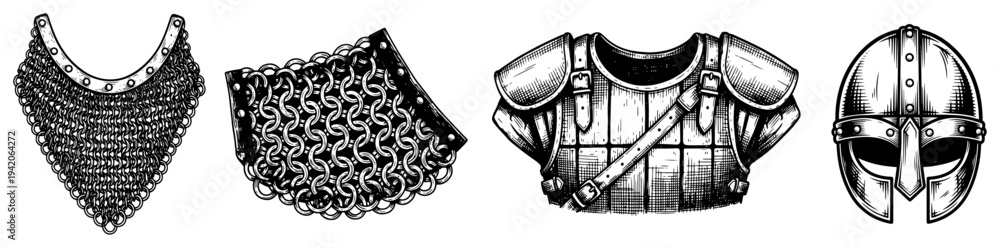 Ταπετσαρία Viking armor and gear collection with chainmail coif helmet and chest plate sket