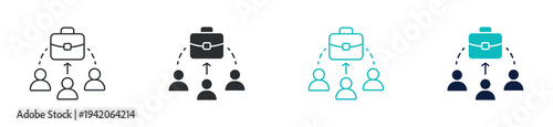 Business leadership icon set, manager promotion with briefcase team management symbol, in outline and solid silhouette style. Vector illustration.
