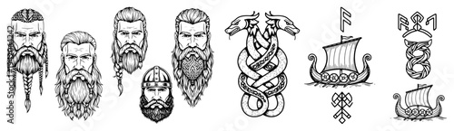 Collection of viking warrior portraits and ancient nordic ship symbols in hand drawn etching style