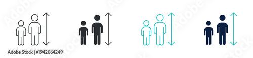 Height measurement icon set, tall and short person comparison symbol, in outline and solid silhouette style. Vector illustration.