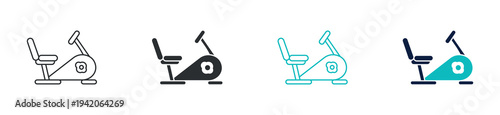 Exercise bike icon set, stationary fitness bicycle gym equipment symbol, in outline and solid silhouette style. Vector illustration.