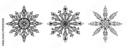 Winter snowflake set with fractal geometric patterns featuring intricate crystal structure, fine line art, and frosty details with white background and winter season