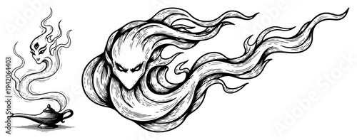 Mythical genie spirit emerging from magic oil lamp with swirling smoke in hand drawn engraving style