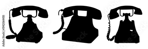 Rotary telephone set with solid black silhouette on white background featuring antique, 20th-century, communication with black fill and historical illustration
