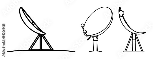 Satellite dish icon set with pixel-perfect lines on pristine white background featuring satellite, dish, signal with technology and UI