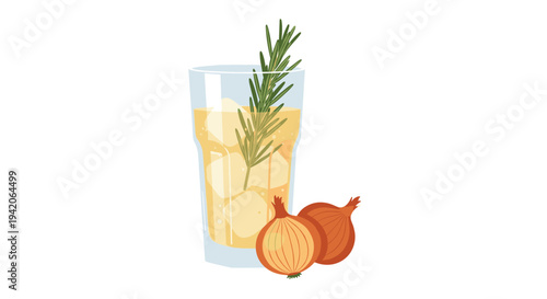 A tall glass containing a light yellow drink with ice cubes and two rosemary sprigs is placed next to two brown onions on a white background.