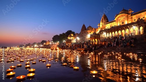 Floating oil lamps on holy river at Indian temple dusk