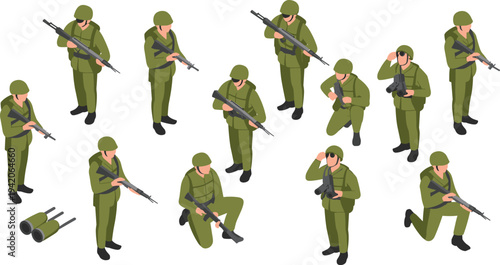 Isometric military soldier character set, army troops with rifles and binoculars in different poses army illustration isolated background