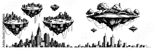 Surreal floating islands with trees above a modern city skyline in vintage engraving style