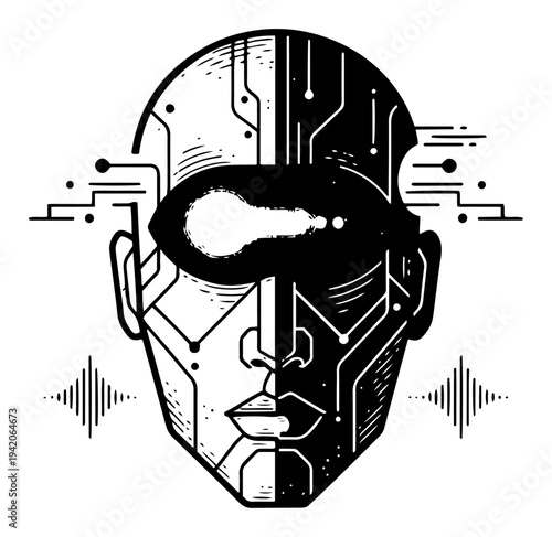 Futuristic cyborg head illustration showing human face and electronic circuit board integration