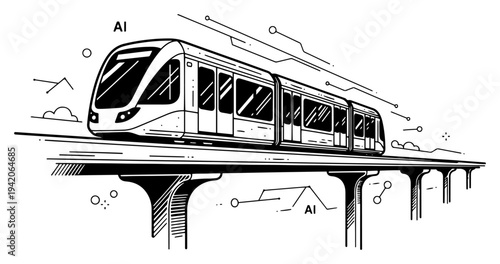 Modern high speed train on elevated track representing future transportation and AI technology