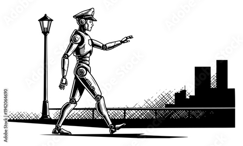 Humanoid robot walking on a city street at night under a street lamp