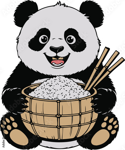  Panda holding bamboo bowl of rice happily, cartoon vector mascot, bold thick black outline, minimal vector sticker, white background 1