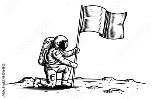 Astronaut kneeling on the moon surface while planting a flag during a space mission