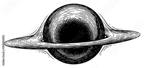 Detailed black hole with glowing accretion disk in deep space in hand drawn engraving style
