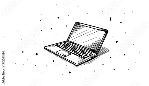 Modern laptop computer floating in deep space surrounded by distant stars in hand drawn style