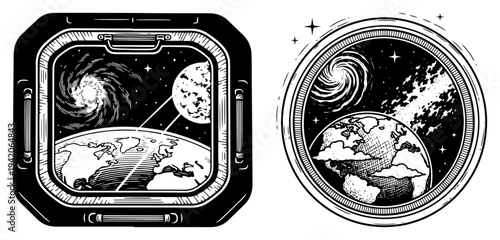 View of earth and galaxy through a spaceship porthole window in vintage engraving style