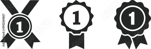 Set of three black silhouette number one award ribbon rosettes and medals, designed to symbolize first place victory and premium quality achievements.