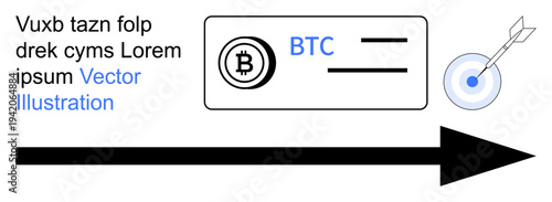 Cryptocurrency, blockchain, financial growth, digital payments, technology, fintech. Bitcoin icon with text BTC and target with arrow, black directional arrow. Cryptocurrency and blockchain concepts