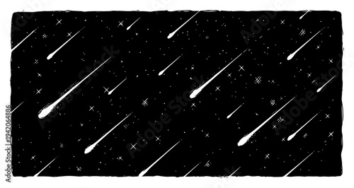 Meteor shower with falling stars in the dark night sky in vintage stippled engraving style