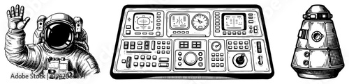 Set of retro space exploration elements with astronaut and control panel in vintage engraving style