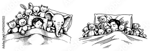 Collection of drawings depicting a child sleeping soundly surrounded by cuddly plush toys and stuffed animals