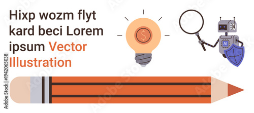 Innovation, education, security, artificial intelligence, creative idea, learning. Light bulb, robotic AI magnifying glass and pencil design. Innovation and education