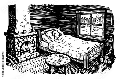 Detailed woodcut illustration of a person sleeping in a cozy log cabin by a warm fireplace in winter