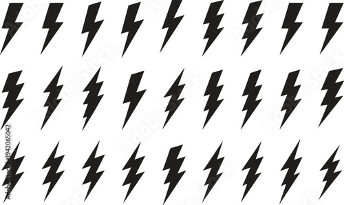 Lightning bolt icon collection, electric thunder flash symbols set, energy power signs, minimal black lightning shapes isolated white background