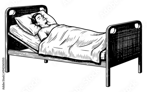 Sketch of a person sleeping in a simple bed with a metal frame representing rest or recovery
