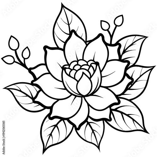 An elegant lotus flower isolated on a white background, featuring a floral vector illustration of a blooming plant element with delicate petals and green leaves for nature-inspired tattoo art 