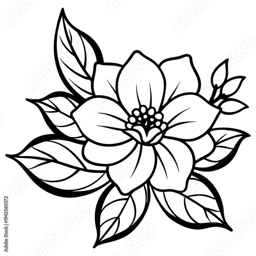 Black and white floral vector illustration of a blooming lotus plant element with elegant petals and leaves for a nature-inspired tattoo ornament or spring blossom icon design