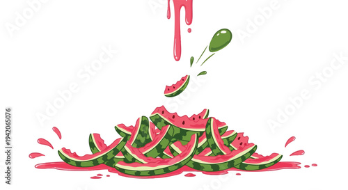 A vibrant, vector-style illustration featuring a chaotic pile of discarded watermelon rinds and seeds, with thick pink juice dripping downward, isolated on a clean white background.