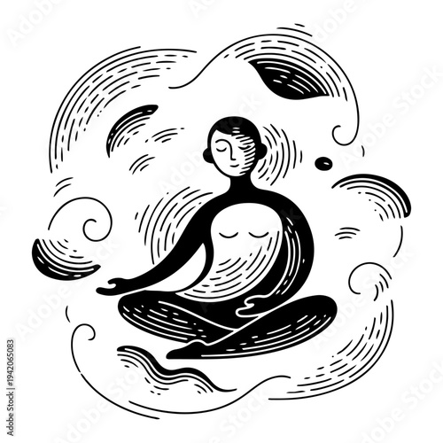 Person meditating in lotus pose with abstract energy swirls in hand drawn zen style