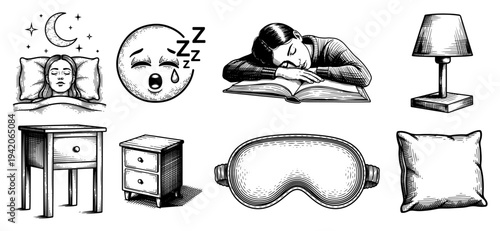 Set of sleep related icons and illustrations including a sleeping mask nightstand and person resting