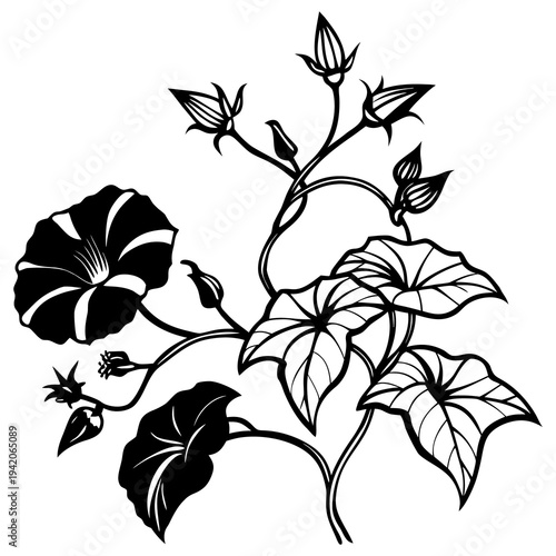 Seamless black and white lily pattern featuring a vintage floral nature illustration with leaves and branches for a decorative spring wallpaper design