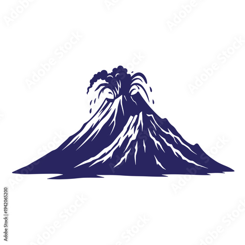 Blue silhouette of a volcanic mountain erupting with smoke and ash isolated on white background  natural disaster illustration