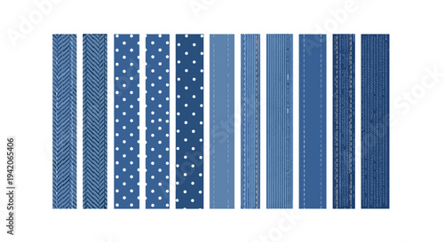 Ten distinct vertical strips of blue denim fabric, each displaying a unique pattern or texture, are arranged side-by-side on a white background.